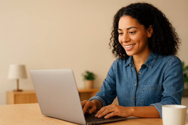 woman smiling on a laptop
